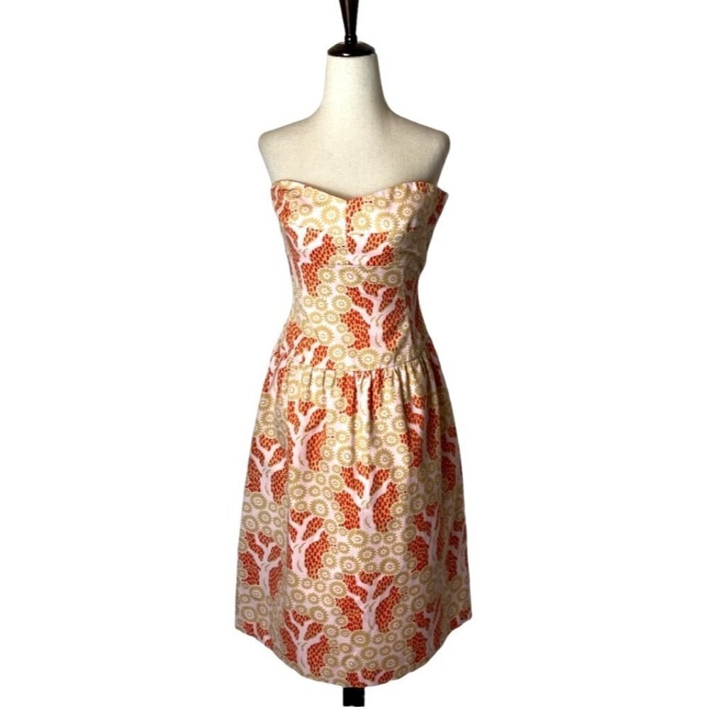 Tibi Strapless Dress Women 2 Pink Tan Floral Cotton Fit Flare Mini Luxury Boho